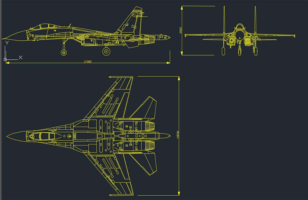 دانلود فایل اتوکد جنگنده سوخو Su-35 DWG | Fighter Jet Su-35 CAD Model
