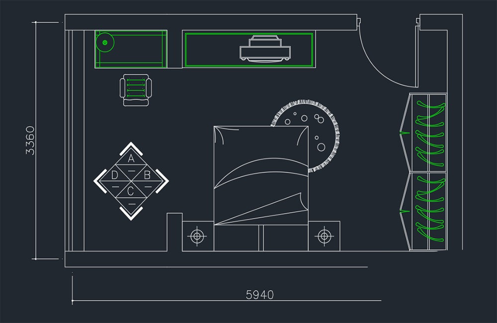 دانلود پلان چیدمان اتاق خواب DWG | Bedroom Settlement Plan AutoCAD