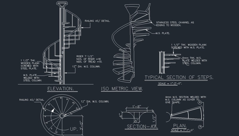دانلود فایل اتوکد پله چوبی مارپیچ DWG برای نرم‌افزار AutoCAD