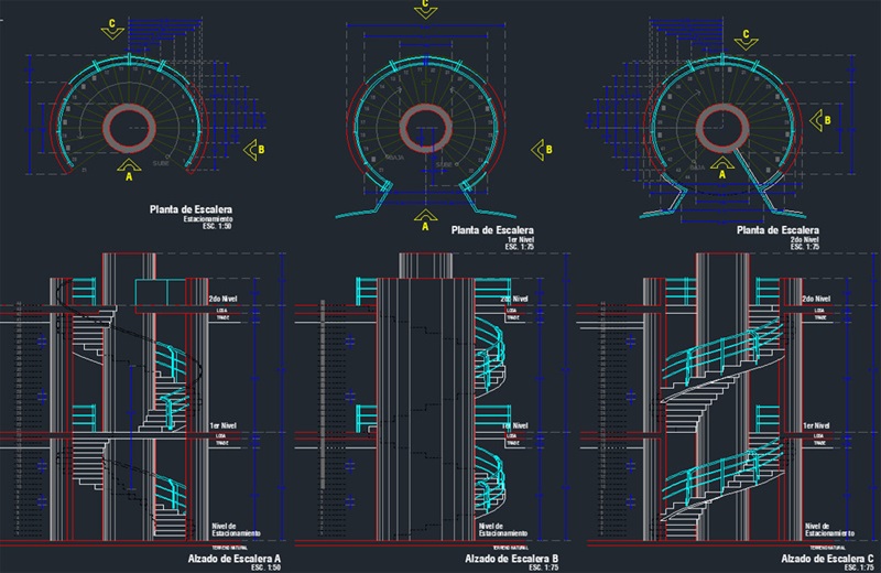 دانلود فایل اتوکد پلان و نماهای کامل پله مارپیچ DWG برای AutoCAD