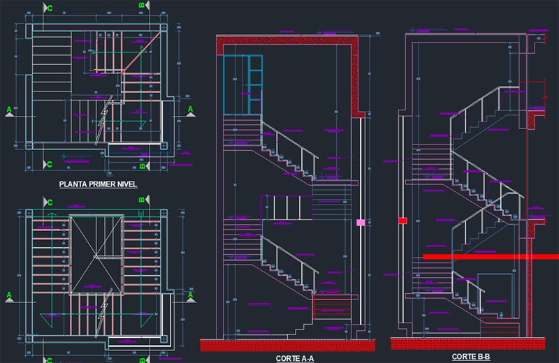 دانلود فایل اتوکد انواع پله و برش‌های پله DWG برای AutoCAD