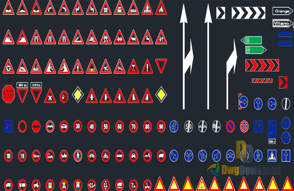 دانلود مجموعه بلوک‌های اتوکد علائم جاده‌ای (Road Signs Cad Blocks Set 1 Dwg) برای AutoCAD