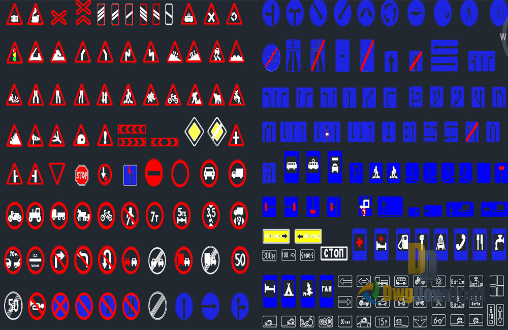 دانلود مجموعه بلوک‌های اتوکد علائم جاده‌ای (Road Signs Cad Blocks Set 2 Dwg) برای AutoCAD