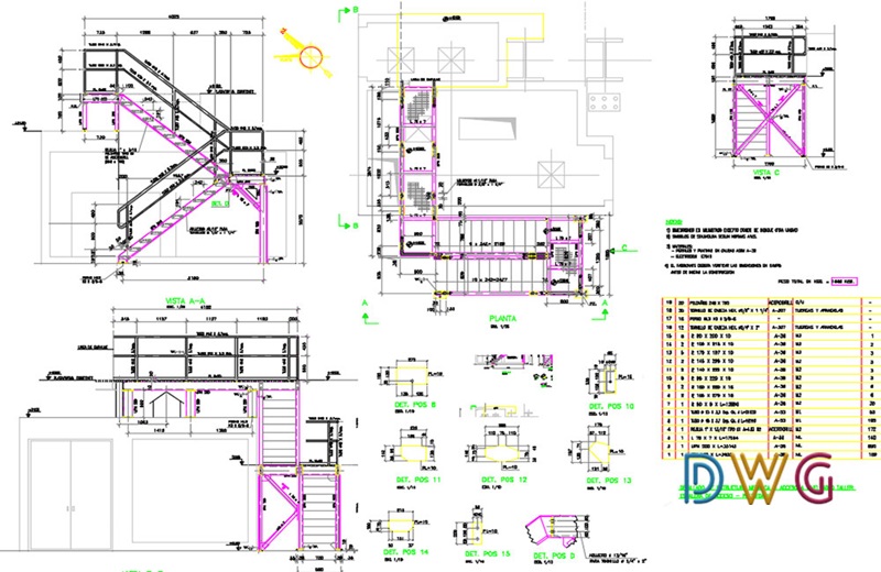 دانلود فایل نقشه اتوکد پله فلزی | Metallic Stairs DWG Drawing